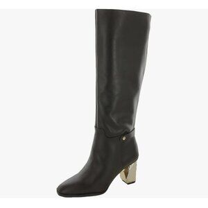 NWOB Franco Sarto Tiera Tall Black Leather Gold Block Heel Boots Women's Size 9.